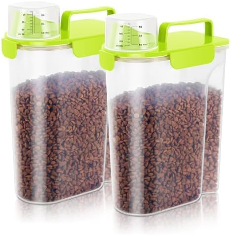 5-7Lbs Cat Dog Storage Container, Portable Pet Food Containers with Upgraded Large Spout and Cup, Small Animal Kibble Dispenser for Bird Seed, Oatmeal, Rice, Flour (2, Bright Green, 5L)