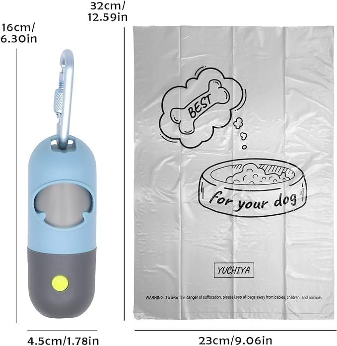 Dog Poop Bags Holder with LED Flashlight|Pet Waste Bags Dispenser for Leash|Doggie Potty Bags Container with Leak-proof Pet Trash Bags and Accessories (1 Holder 195 Bags, Sky Blue)