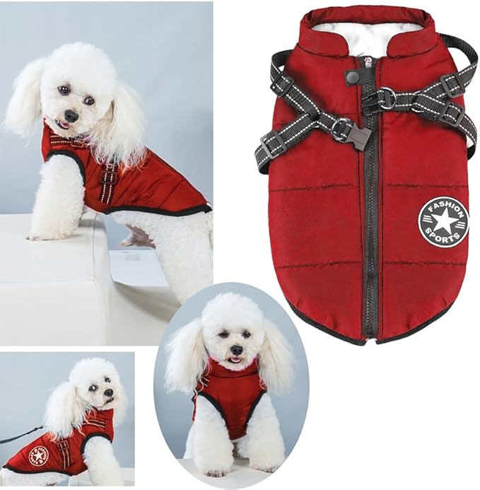Aiboria Dog Jacket Dogs Vest Coat Windproof Warm Pet Fleece Dog Sweater Padded Vest with Chest Strap Harness Red S