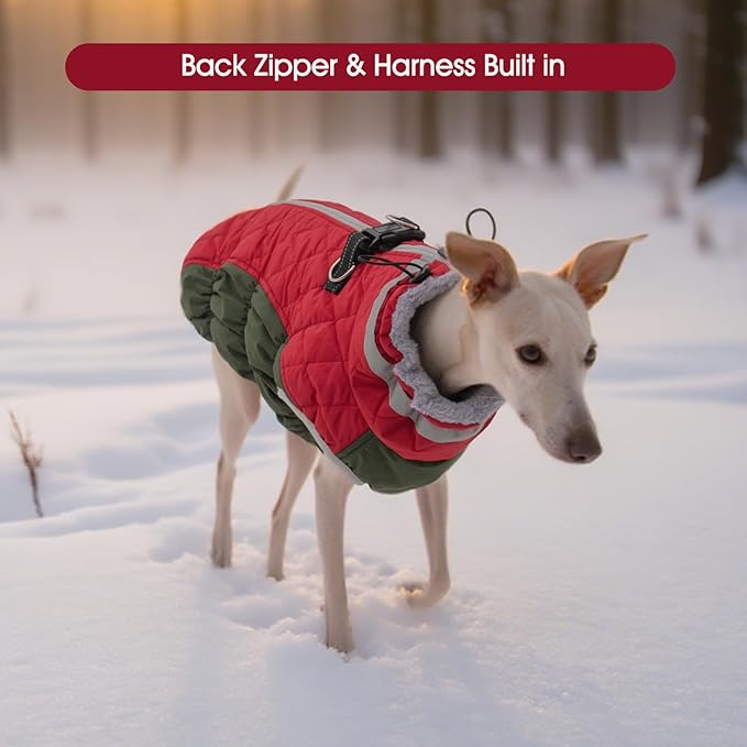 FUAMEY Dog Coat for Large Dogs,Waterproof Dog Winter Jacket with Harness Built in Puppy Cold Weather Coats Reflective Pet Vest with Zipper Warm Fleece Dogs Snowsuit Windproof Christmas L