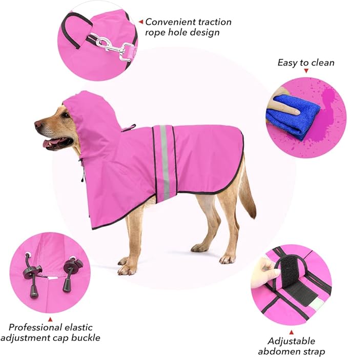 Reflective Dog Rain Coat - Waterproof Adjustable Pet Rain Jacket, Lightweight Dog Hooded Poncho Raincoat for Small to X- Large Dogs and Puppies (Pink, Large)