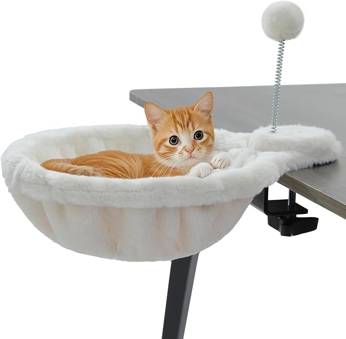 PAWZ Road Cat Bed for Desk, Large Cats Hammock with Plush Ball,12 Inches in Diameter,Space-Saving Cat Desk Bed, White Cats Hammock for Table Supports Up to 40lbs, Medium