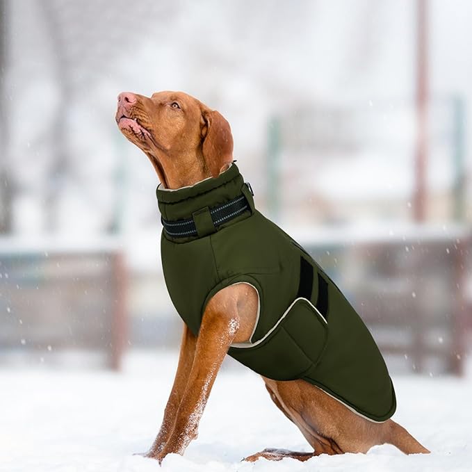 IECOii Dog Coats for Large Dogs Winter Waterproof Jacket with Collar Built in, XXL Dog Coat for Cold Weather Warm Snow Jacket with Thermal Fleece Lining, Reflective Pet Snowsuit Large,Army Green - 2XL