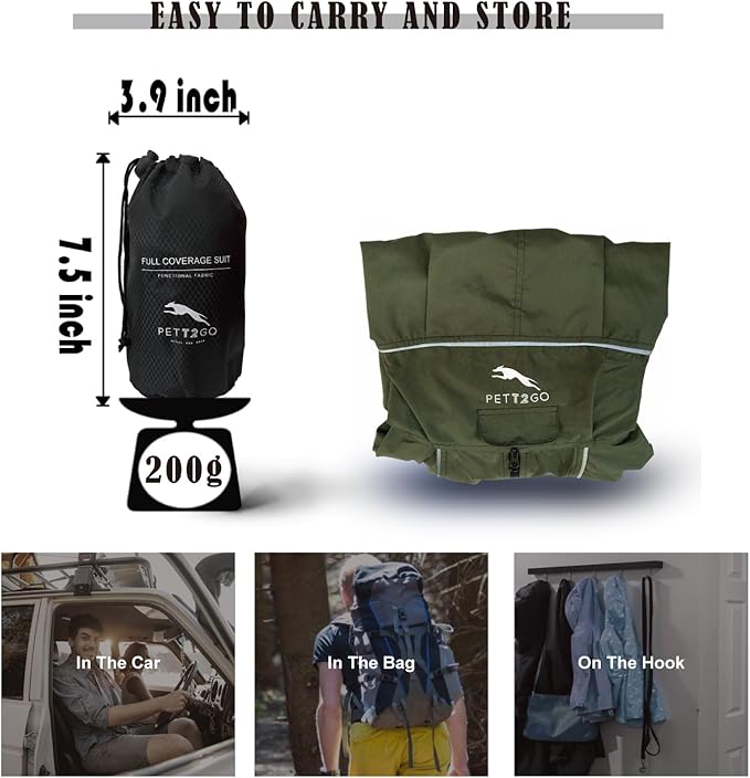 Dog Lightweight Windbreaker, Dog Outdoor 4-Legs Jacket, 0.5 lbs,Durable Water Repellent, Hooded, Easy on/Off with Collar and Harness, Reflective, Packable,Dark Olive (XXX-Large)