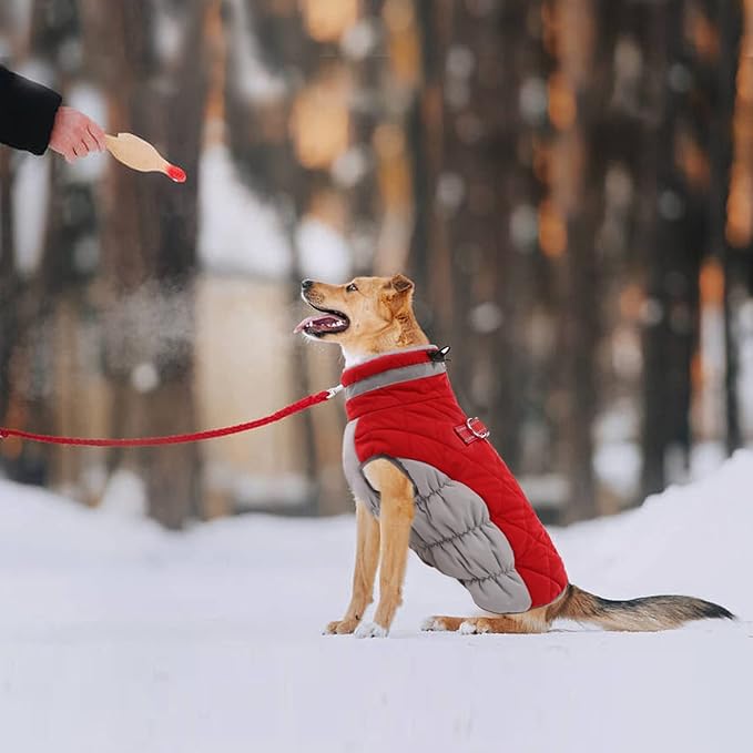 Lelepet Dog Coat Warm Dog Winter Coat Waterproof Dogs Jacket with Harness Built in Reflective Pet Fleece Vest Zip-Up Cold Weather Coats for Large Dogs Turtleneck & Windproof Coats Pitbull Red 2XL