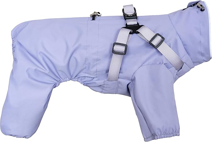 Mile High Life Waterproof Dog Raincoat, Full Coverage Small Dog Rain Coat with Harness, Adjustable 4 Legs Puppy Rain Jacket with Reflective Strip and Elastic Cuffs (Purple, L Back Length 16.1")