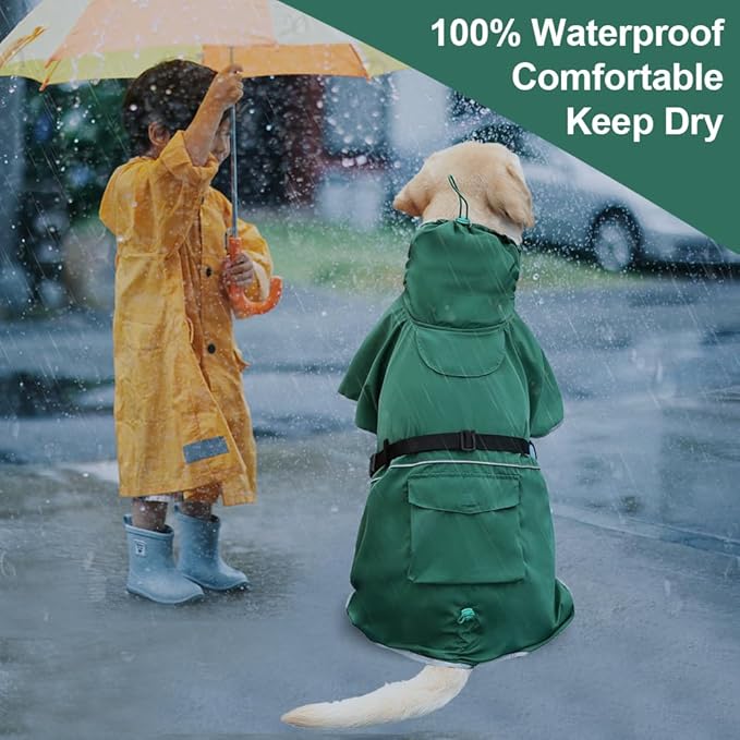 Reflective Dog Raincoat Waterproof Adjustable Dog Hooded Poncho Raincoat for Medium Large Dogs, Lightweight Pet Rain Jacket (Green, 3XL)
