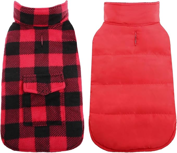 Kuoser Dog Winter Coat, Windproof Dog Fleece Jacket British Style Plaid Cold Weather Doggie Vest Coats, Reversible Cozy Warm Pet Clothes Apparel for Large Size Dogs L