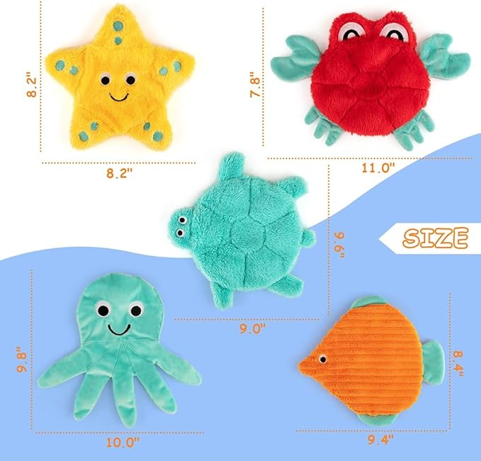 AWOOF No Stuffing Crinkle Squeaky Plush Dog Toys - Cute Animal Themed for Small to Large Dogs & Puppies - Bulk 5 Pack