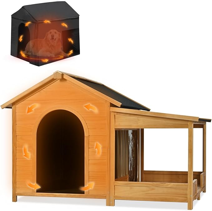 Merax 60.2" Wooden Dog House Outdoor with Insulated Liner for Winter, Extra Large Breed Outside Kennel with Weatherproof, Asphalt Roof, Elevated Floor, Fencing and Porch, for Medium & Large Dogs