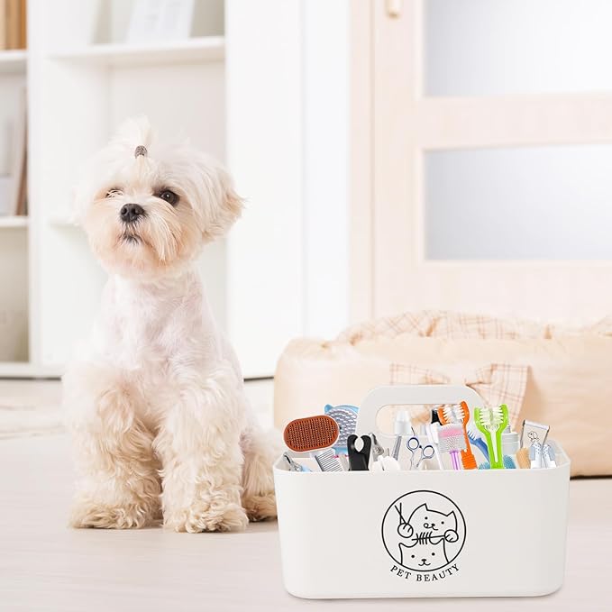 Morezi Dog grooming basket box bin in plastic small organier storage great for holding puppy cats combs shampoo brushes scissors grooming stuff in bathroom closet