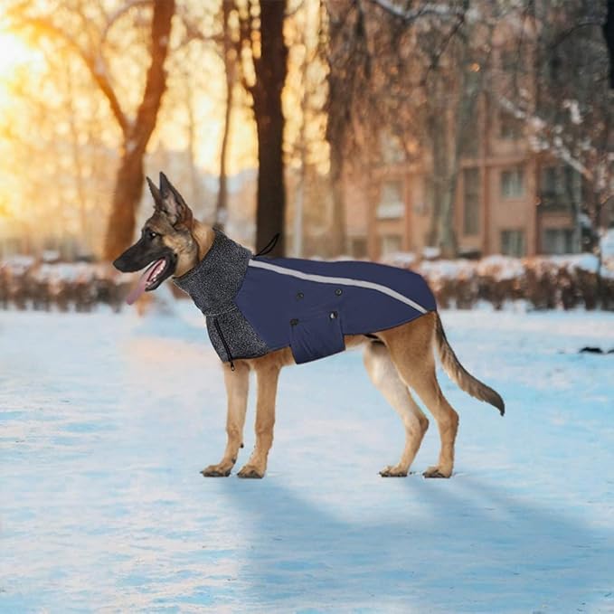 SlowTon Winter Dog Coat, Warm Polar Fleece Lining Doggie Outdoor Jacket with Turtleneck Scarf Reflective Stripe Adjustable Waterproof Windproof Puppy Vest Soft Pet Outfits (XXL,Dark Blue)