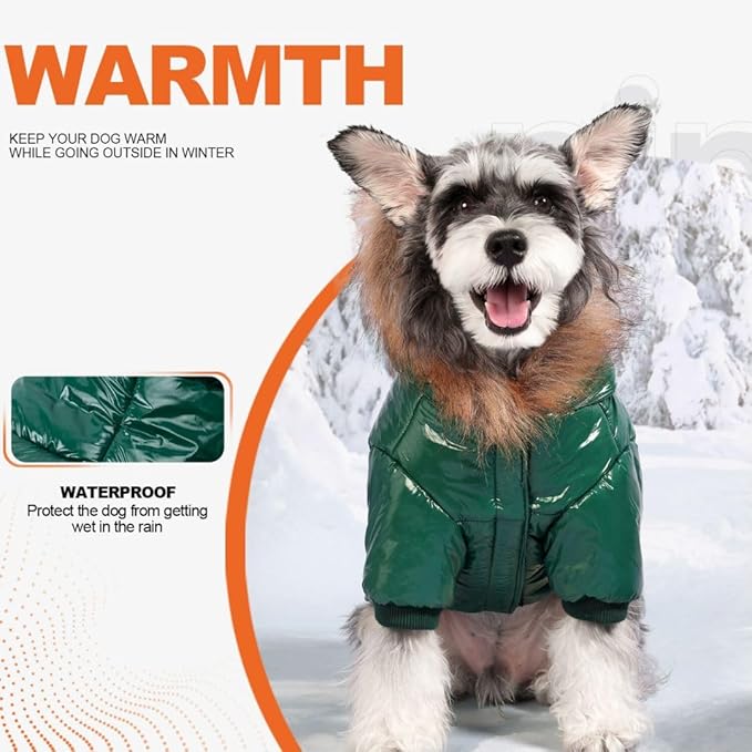 PINA Dog Winter Coat with Faux Fur Hood, Windproof and Warm, Suitable for Small to Large Dogs, Green, M