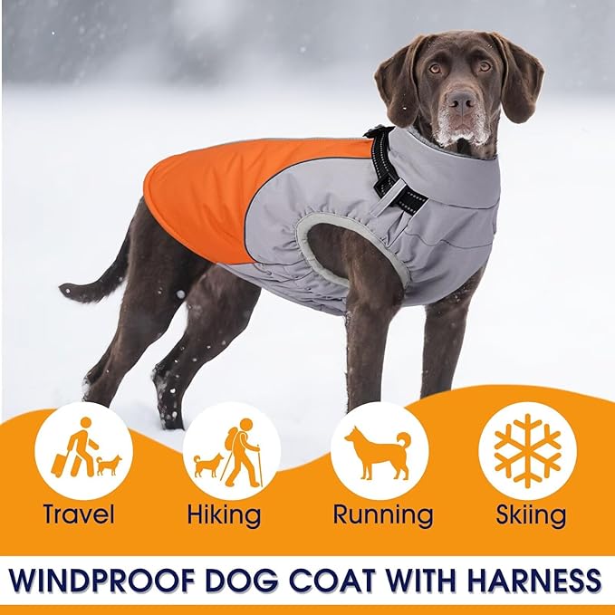 Reflective Dog Coat with Harness Built in,XL Soft Warm Dog Jacket for Cold Weather,Windproof Snowproof Pet Vest for Outdoor Walking Hiking,Adjustable Collar Easy On/Off,Orange,XL