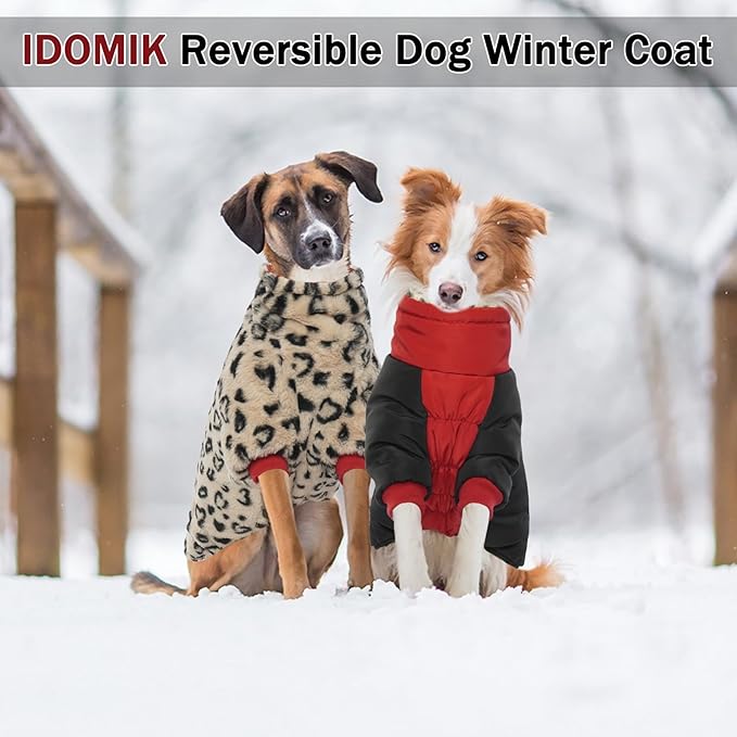 IDOMIK Reversible Dog Winter Coat, Thick Warm Dog Coat with Leopard Fleece Lining&Zipper, Adjustable High Collar Waterproof Jacket, Reflective Pet Cold Weather Coats for Small Dogs,Red,S