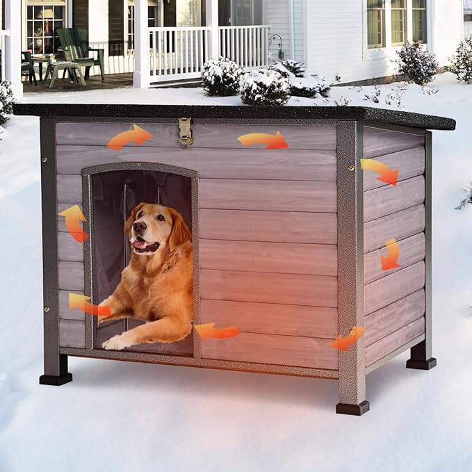GUTINNEEN Large Outdoor Insulated Dog House Indestructible Dog Shelter Weatherproof Dog Kennel with Chew-Proof Metal Frame, Openable Roof for Small to Large Dog Breeds (Grey, 33.5"L x 22"W x 25.2"H)