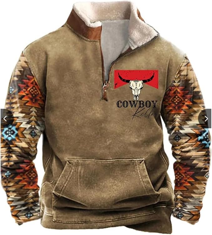 HOTYD Western Jackets for Men Cowboy Sweatshirts Vintage Ethnic Graphic Casual Long Sleeve Top 1/4 Zip Pullover Hoodies