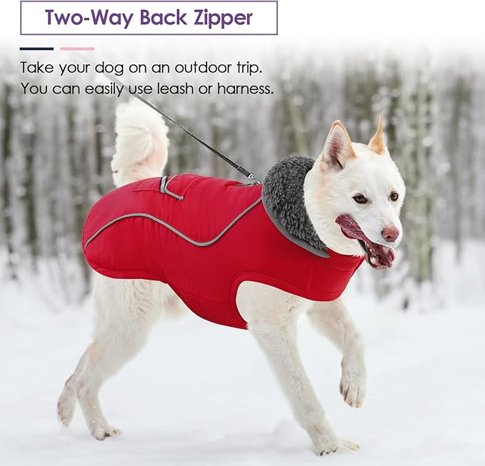 SUNFURA Dog Coat, Warm Dog Coat XXL Puffer Jacket with Harness Hole, Reflective Pet Snow Jacket Turtleneck Fleece Vest for Weimaraner, Labrador, Golden Retriever, Red 2XL