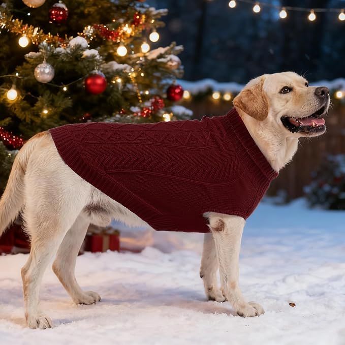 PUPTECK Dog Sweater, Turtleneck Warm Knitted Pullover Coat, Thick Cable Knitwear Clothes in Winter, Pet Apparel Outfits for Small Medium Dogs, for Cold Weather Indoor & Outdoor, Deep Red SM