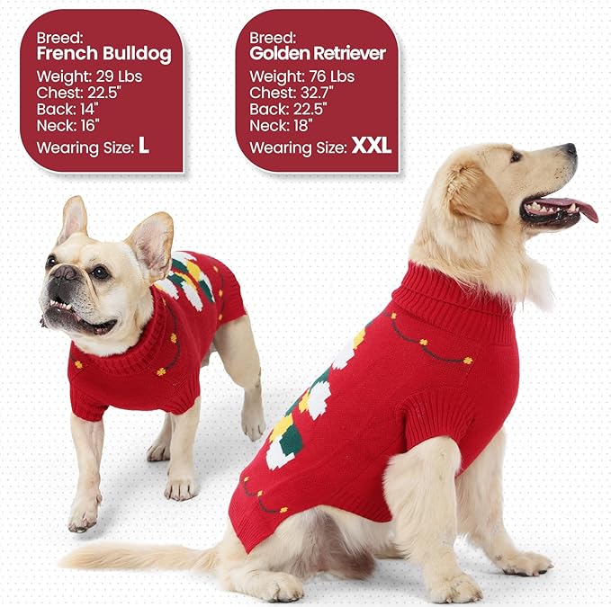 BRKURLEG Christmas Dog Sweaters for Cold Weather, Warm Turtleneck Large Dogs Sweaters, Dog Pullover Knitted Sweatshirt, Pet Xmas New Year Outfit for Labrador, Dalmatian (Red, XXL)