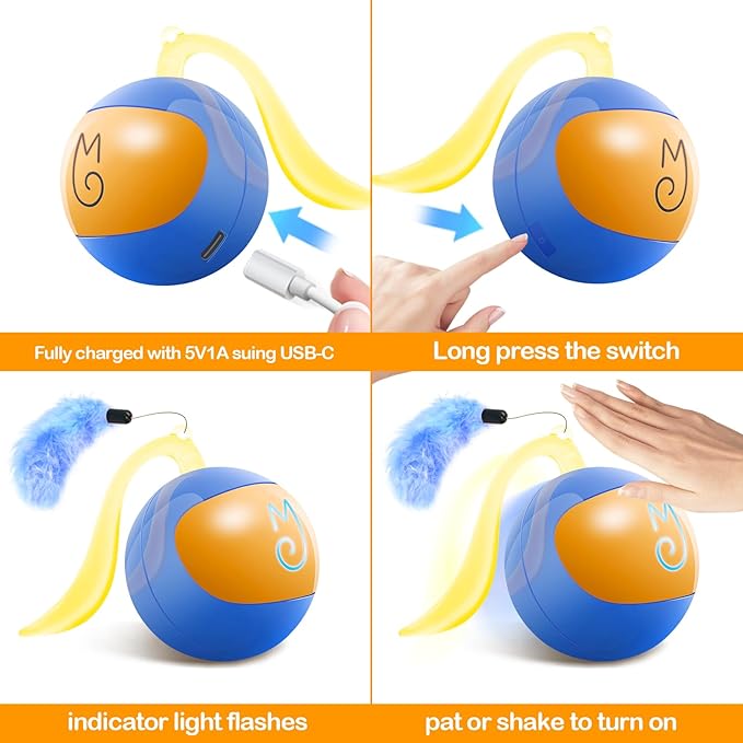 Migipaws Interactive Cat Ball Toy Set, Fun Tracker, Automatic Rolling Chase Ball with Fluffy Tail, A Small Mice, Rechargeable (Blue)