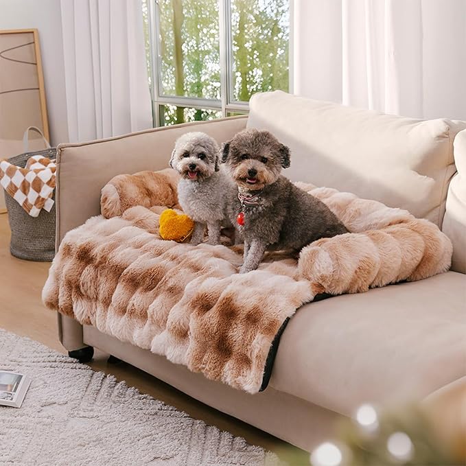 FUNNY FUZZY Pet Fluffy Fuzzy Calming Dog Couch Bed Sofa Protector Washable Pets Mat for Large Medium Small Dogs and Cats (Tie-dye Brown,37.4 × 33.46 × 6.3 in)