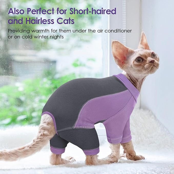 SUNFURA Hair Sticky Cat Clothes, Cat Sweater for Cats Only, 4-Legged Fleece Sweaters Kitten Pajamas Reduce Shedding Fur, Warm Pullover Shirts for Cats, Purple L