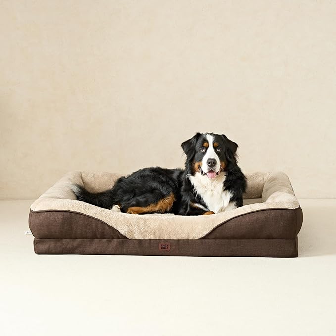 EHEYCIGA Memory Foam Dog Bed for Medium Size, Orthopedic Dog Sofa with Sides and Waterproof Liner, Washable Bolster Pet Couch with Removable Cover, 35x22x6.5 Inch, Brown