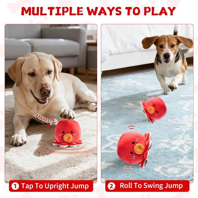 Interactive Dog Octopus Toy, Rechargeable Jumping Plush Toy with Motion Activation for Small Large Dogs, Move Bouncing Ball for Pets Keep Busy Reduce Boredom, No Loud Music (Octopus)