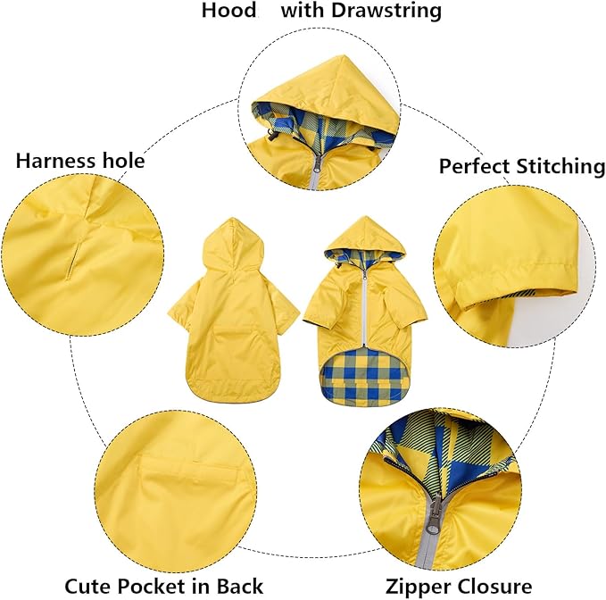 Dog Raincoat Dogs Waterproof Reversible rain Jacket Dog Small Medium Breeds Reflective Zipper Storage Pocket Harness Hole - Yellow - XL
