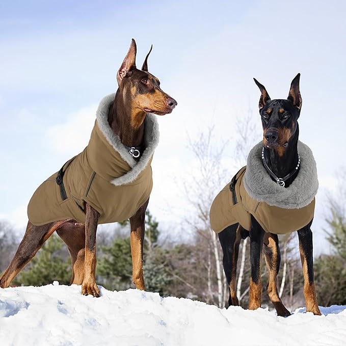 Dog Coat, Waterproof Dog Winter Jacket with Adjustable Buckle, Reflective Turtleneck Pet Snow Vest Warm Fleece Sweater for Small Medium Large Dogs - Khaki, L