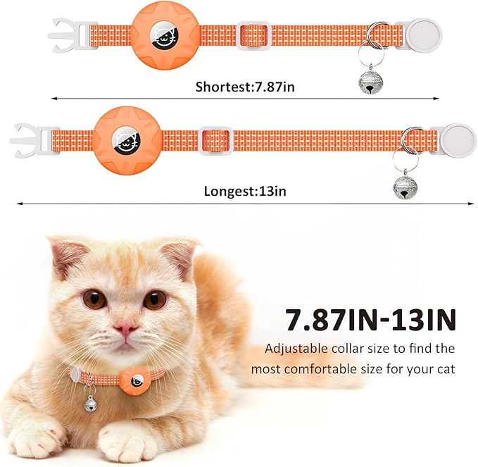 2 Pack Airtag Cat Collar,Reflective Kitten Collar Breakaway with Apple Air Tag Holder and Bell for Girl Boy Cats, Lightweight Adjustable for 7.87-13"" (Luminous Green&Orange)