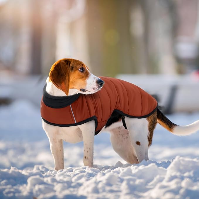 IDOMIK Dog Winter Coat, Warm Waterproof Dog Puffer Jacket with Harness Hole, Adjustable Reflective Snow Jacket Vest with Turtleneck, Pet Cold Weather Coats for Large Dogs,Caramel,2XL