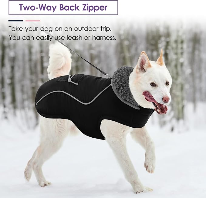SUNFURA Small Dog Coat, Warm Dog Jacket with Zippered Leash Hole, Reflective Pet Winter Coat Fleece Jacket with Adjustable Furry Collar for Small Dogs Schnauzer, Yorkshire Terrier, Black S