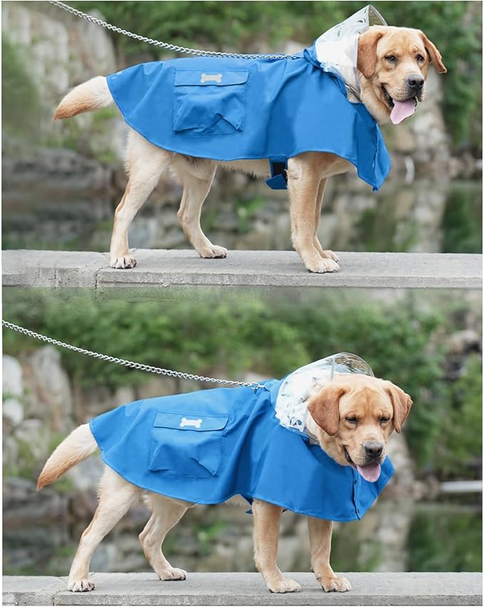 Dog Raincoat Waterproof, Adjustable Reflective Hooded Dog Rain Poncho with Leash Hole for Small Medium Large Dogs (Blue, X-Large)