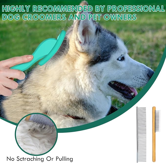 Dog Slicker Brush for Medium or Long Haired Dogs, Long Pin Slicker Brush for Removes Loose Hair, Tangles and Knots, Best Grooming Tools for Small Animals, Large, Free Pet Comb, Green