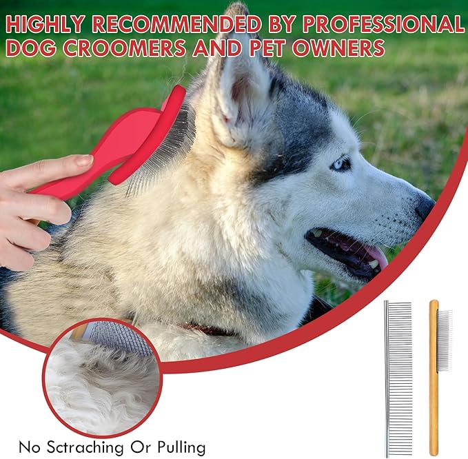 Dog Slicker Brush for Medium or Long Haired Dogs, Removes Loose Hair, Tangles and Knots, Best Grooming Brush for Small Animals, Free Pet Comb, Red