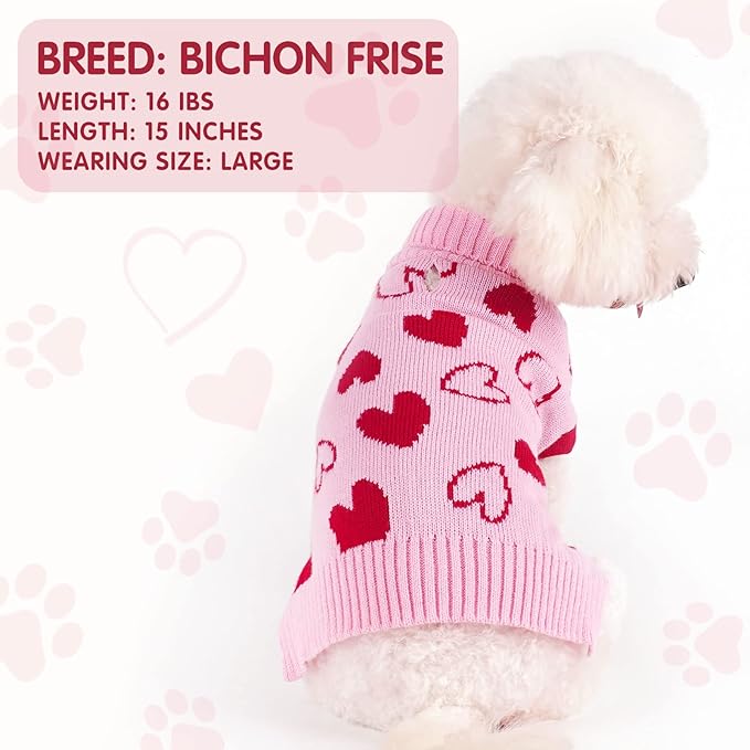 cyeollo Small Dog Valentines Sweater Heart Pattern Dog Clothes with Leash Hole Pullover Turtleneck Holiday Pet Apparel Pink