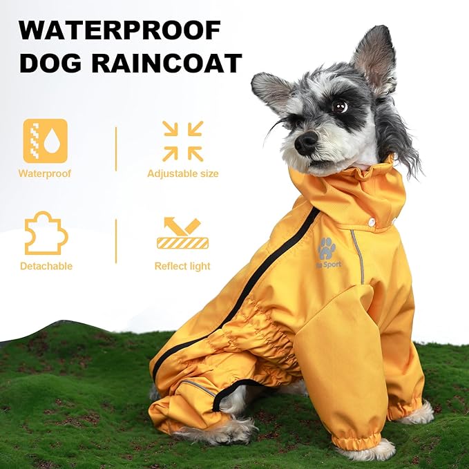 PINA Dog Raincoat, Waterproof Jacket with Hood and Pocket, Lightweight Dog Jacket with Leash Hole, Reflective Strap for Wet Weather, Full Wrap Design for Full Protection