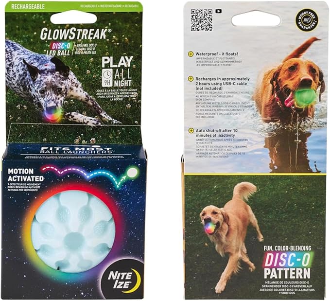 Nite Ize GlowStreak Rechargeable LED Ball - Rubber Dog Toy - Motion-Activated & Waterproof Design - 9 Hours of Runtime - Premium Dog Toys - Disc-O