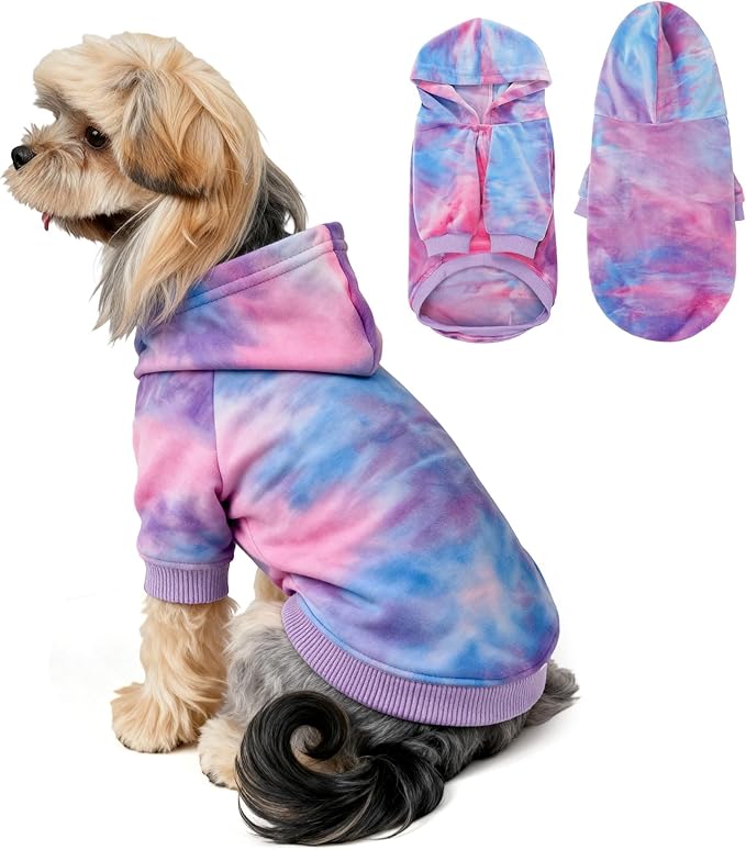 WOYYHO Premium Velvet Tie Dye Dog Hoodie & Sweatshirt - Soft Lightweight Pullover Dog Sweater for Small Medium Dogs, Cozy Dogs Sweater for Chihuahua Dachshund Multi Pink Purple M