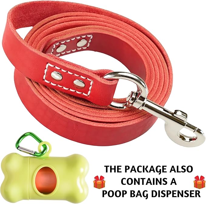 Leather Dog Leash 6 ft x 3/4 inch - Soft, Strong, Heavy Duty for Large & Medium Breeds - Dog Lead for Walking & Training (Red, L - 6 ft x 3/4 inch)