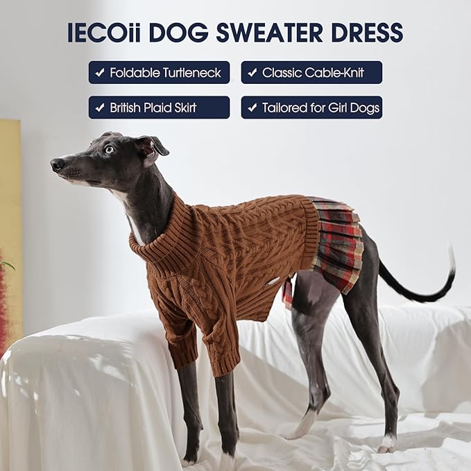 IECOii Girl Dog Sweater Dress - Cable Knit Dog Sweater for Medium Dogs Girl, Caramel,Large - Turtleneck Winter Sweaters with Leash Hole, Soft & Stretchy Adorable Dress for Thanksgiving Christmas Photo