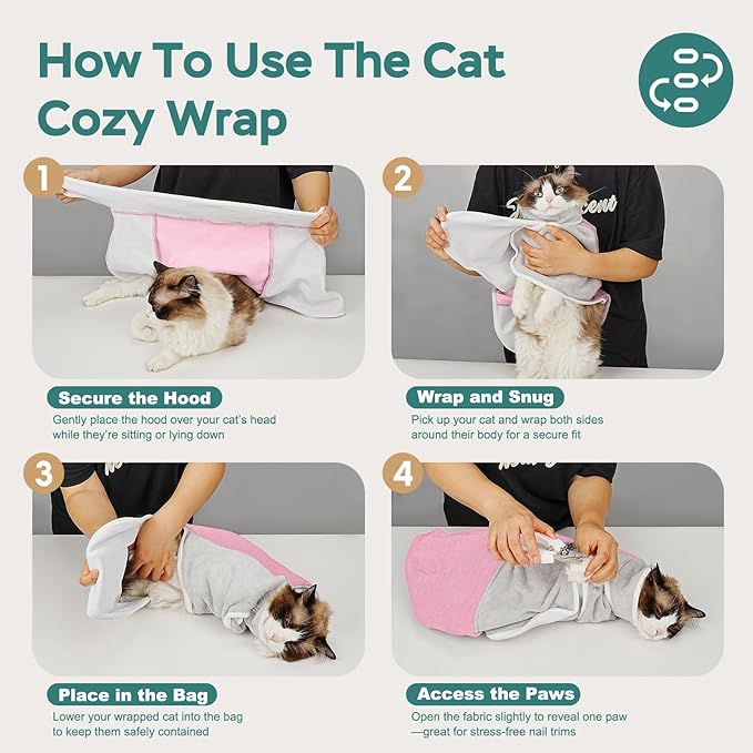 Self-Adhesive Cat Grooming Wrap, Cozy Cat Wrap for Cutting Nails, Breathable Anti-Scratch Cat Swaddle Bag for Brushing, Ear Cleaning, Dental Care, Medication, Injections,Pink L