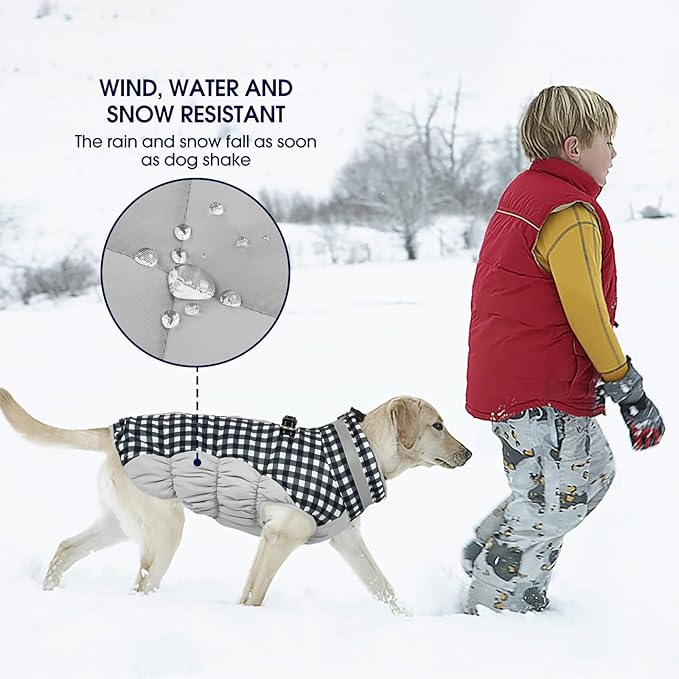 FUAMEY Dog Coat for Small Dogs,Waterproof Dog Winter Jacket with Harness Built in Puppy Cold Weather Coats Reflective Pet Vest with Zipper Warm Fleece Dogs Snowsuit Windproof Checkerboard S