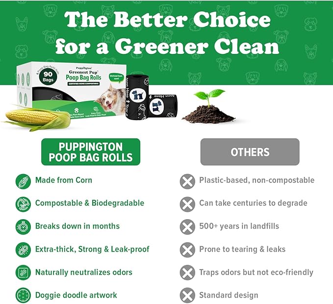 Puppington Certified Home Compostable Poop Bags - ASTM D6400 Compliant - 90 Extra Thick Bags - Plant Based - Pairs with Puppington 3-in-1 Bag & Fits all Standard Poop Bag Dispensers (Onyx Black)