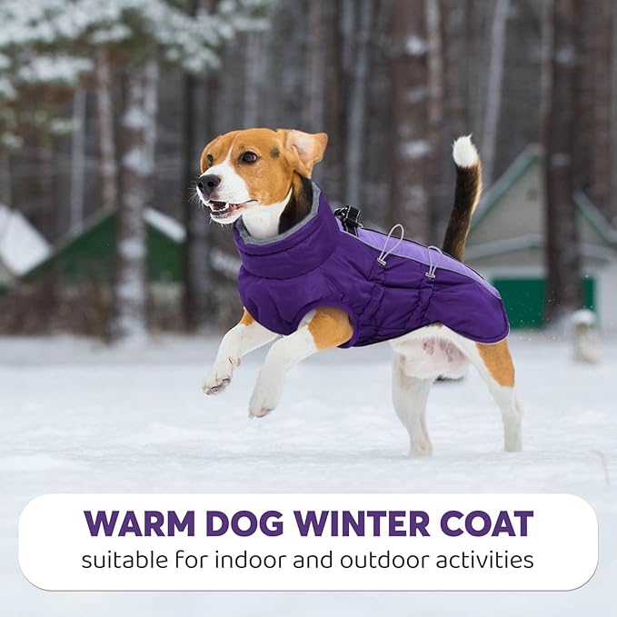 IDOMIK Warm Dog Coat with Harness, Waterproof Reflective Dog Jackets for Small Medium Large Dogs, Fleece High Collar Winter Jacket with Zipper, Pet Winter Snowsuit Clothes for Cold Weather,Purple M