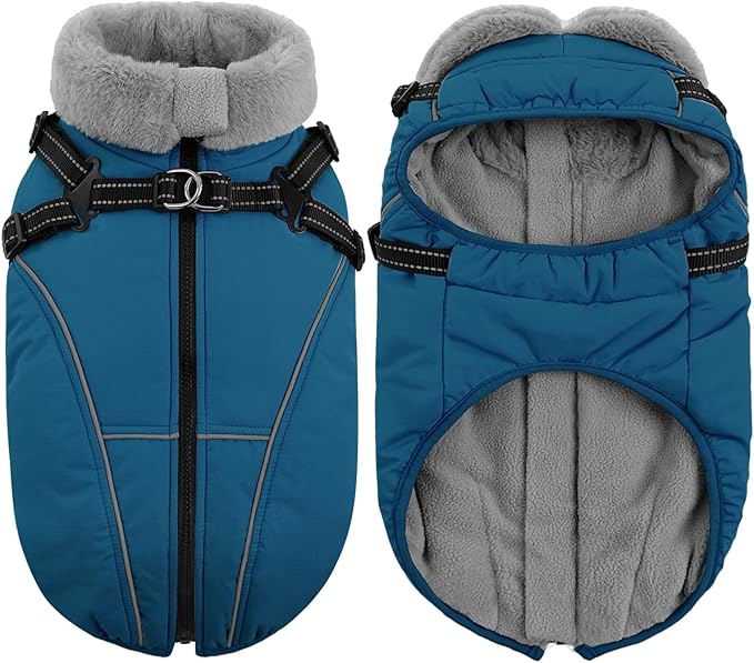 Queenmore Dog Coat,Windproof Dog Coat for Medium Dogs,Dogs Jackets with Harness Built in,Waterproof Doggy Coats with Zipper On Back,Reflective Cold Weather Coats for Dachshund,Boston Terrier,Blue,M