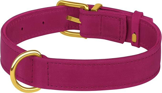 Leather Dog Collar - Heavy Duty Adjustable Soft Padded Pet Collars for Small Medium Large Dogs Breed - Black Green Brown Pink Red Blue (Pink, L, 15"-19" Neck Fit)