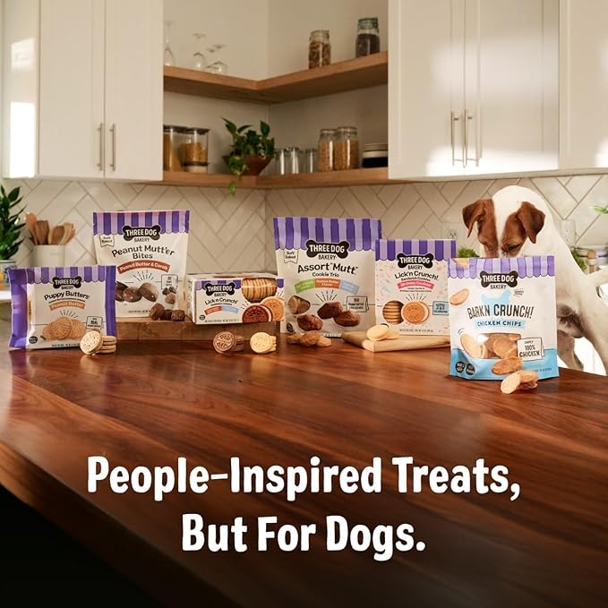 Three Dog Bakery Bark’N Crunch! Chicken Chips, Small 4oz, Crunchy Dog Treats, Single Ingredient, High Protein Snacks, Chicken Treats, Low Calorie Healthy Training Treat, Made in The USA
